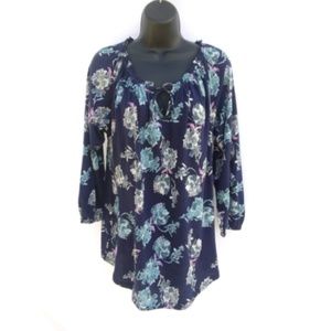 NWT LUCKY BRAND Navy Blue Floral Peasant Top SMALL